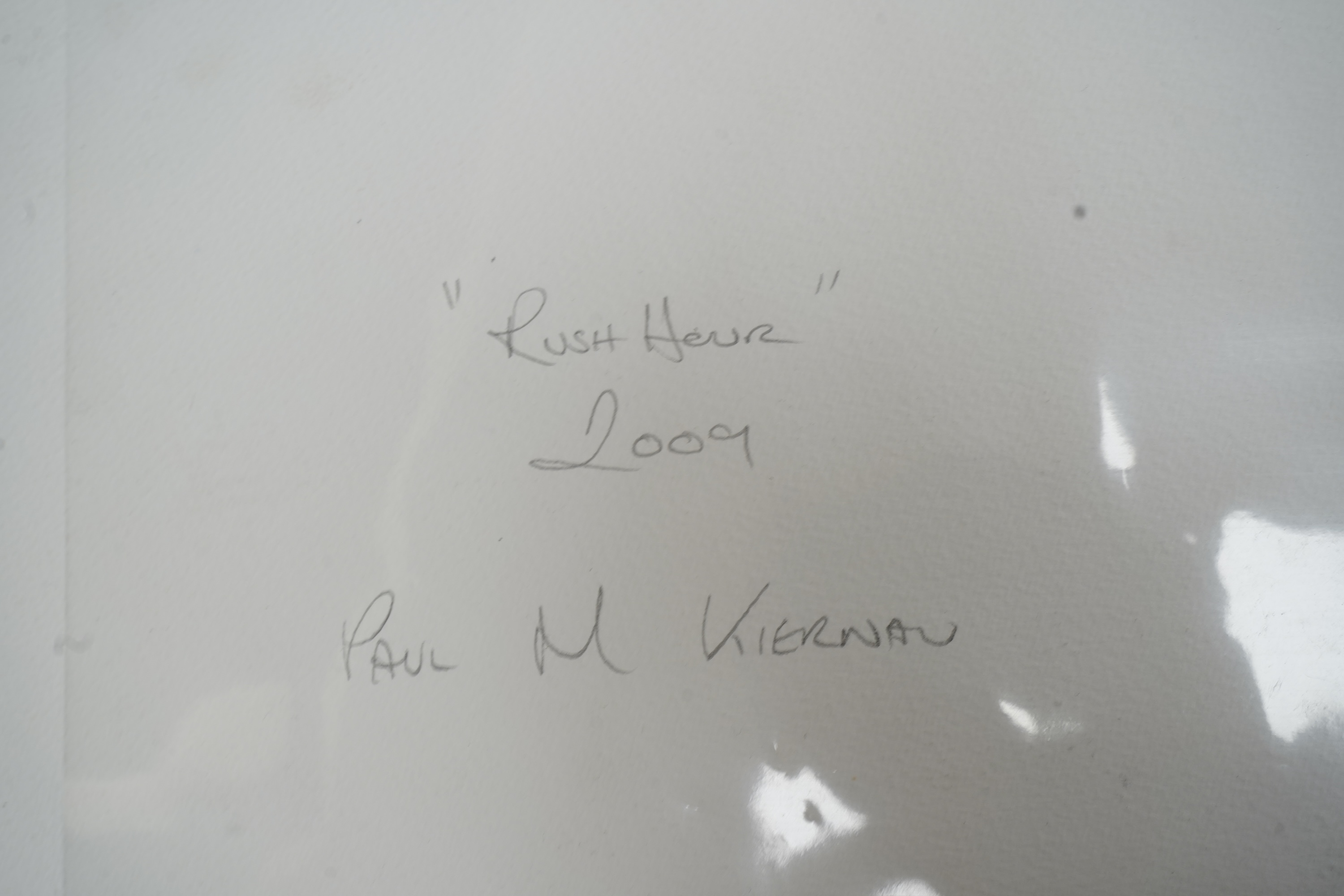 Paul M. Kiernan (contemporary), ‘Rush Hour’ and ‘Original Lowry Style’, initialled and dated ‘09, inscribed verso, two Modern British watercolour cartoons, unframed, 21 x 32cm